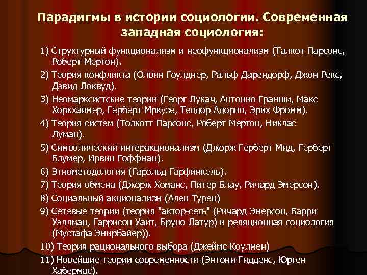 Парадигмы в истории социологии. Современная западная социология: 1) Структурный функционализм и неофункционализм (Талкот Парсонс,