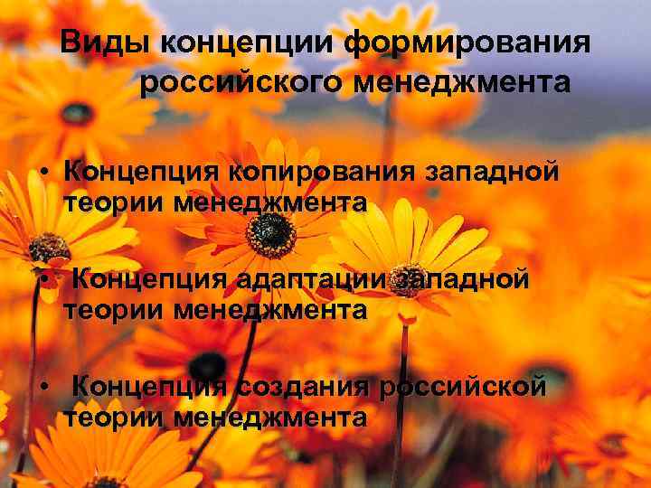 Виды концепции формирования российского менеджмента • Концепция копирования западной теории менеджмента • Концепция адаптации
