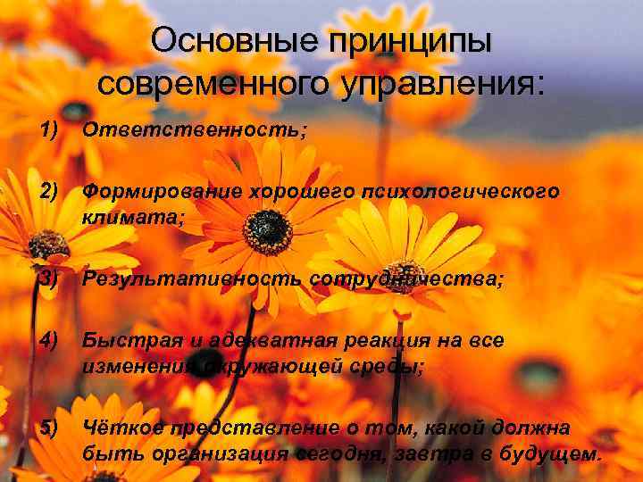 Основные принципы современного управления: 1) Ответственность; 2) Формирование хорошего психологического климата; 3) Результативность сотрудничества;