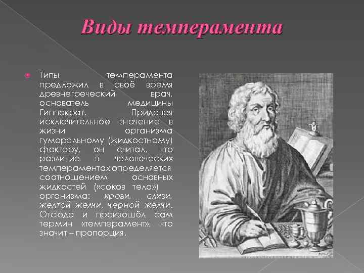 Виды темперамента Типы темперамента предложил в своё время древнегреческий врач, основатель медицины Гиппократ. Придавая