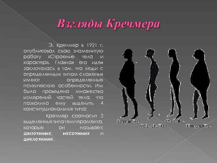 Взгляды Кречмера Э. Кречмер в 1921 г. опубликовал свою знаменитую работу «Строение тела и