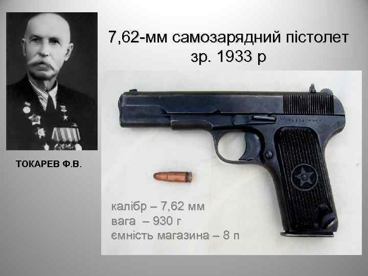 7, 62 -мм самозарядний пістолет зр. 1933 р ТОКАРЕВ Ф. В. калібр – 7,