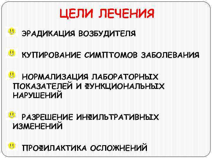 ЦЕЛИ ЛЕЧЕНИЯ ЭРАДИКАЦИЯ ВОЗБУДИТЕЛЯ КУПИРОВАНИЕ СИМПТОМОВ ЗАБОЛЕВАНИЯ НОРМАЛИЗАЦИЯ ЛАБОРАТОРНЫХ ПОКАЗАТЕЛЕЙ И ФУНКЦИОНАЛЬНЫХ НАРУШЕНИЙ РАЗРЕШЕНИЕ
