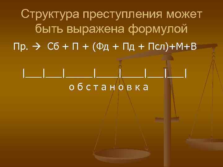 Структура преступления может быть выражена формулой Пр. Сб + П + (Фд + Псл)+М+В