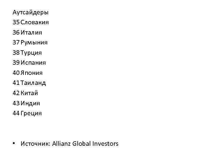 Аутсайдеры 35 Словакия 36 Италия 37 Румыния 38 Турция 39 Испания 40 Япония 41