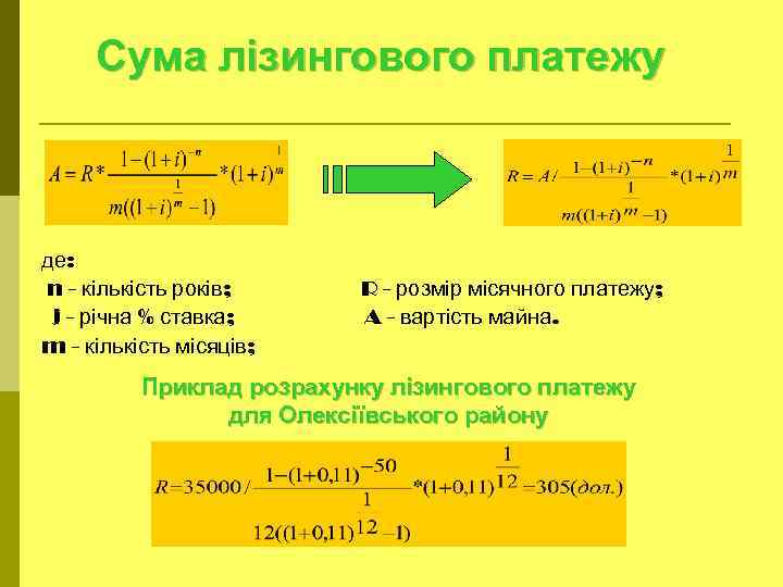 Сума лізингового платежу де: n - кількість років; j - річна % ставка; m