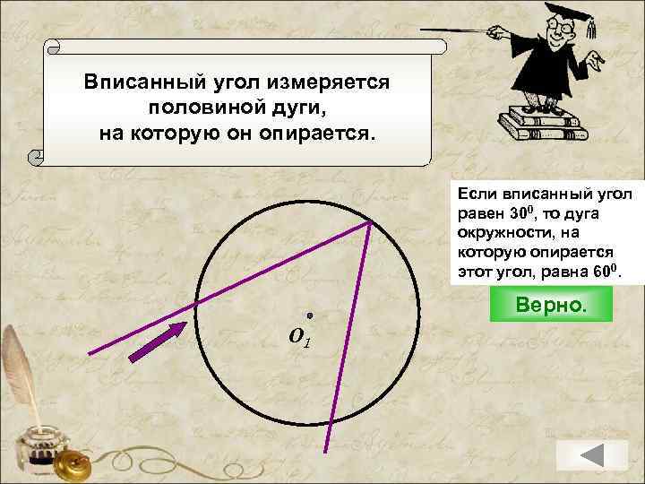 Вписанный угол измеряется половиной дуги, на которую он опирается. Если вписанный угол равен 300,