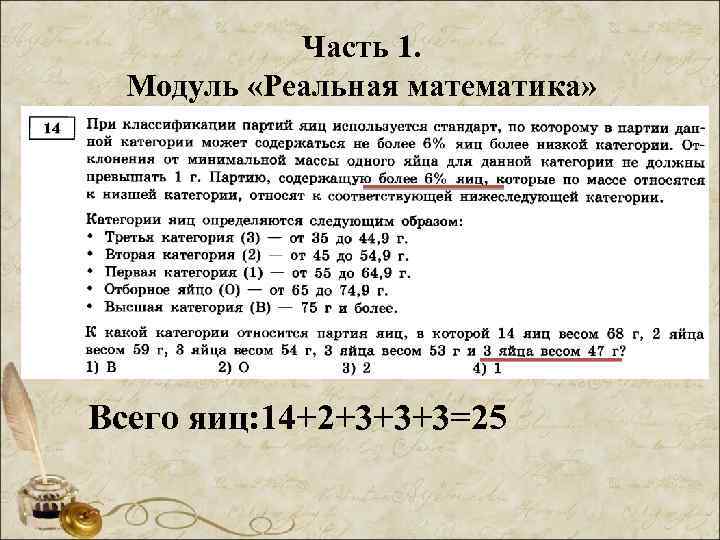 Часть 1. Модуль «Реальная математика» Всего яиц: 14+2+3+3+3=25 