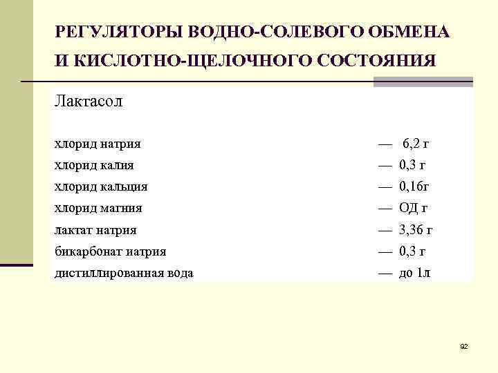 РЕГУЛЯТОРЫ ВОДНО-СОЛЕВОГО ОБМЕНА И КИСЛОТНО-ЩЕЛОЧНОГО СОСТОЯНИЯ Лактасол хлорид натрия — 6, 2 г хлорид