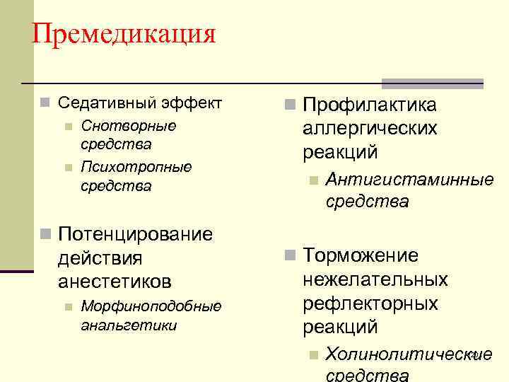 Премедикация n Седативный эффект n Снотворные средства n Психотропные средства n Потенцирование действия анестетиков