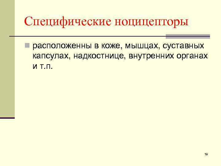 Специфические ноцицепторы n расположенны в коже, мышцах, суставных капсулах, надкостнице, внутренних органах и т.