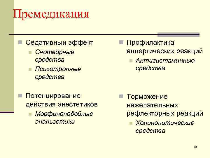 Премедикация n Седативный эффект n Снотворные средства n Психотропные средства n Профилактика n Потенцирование
