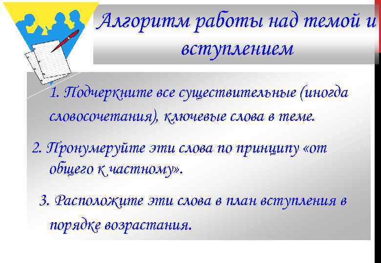 Алгоритм работы над темой и вступлением 1. Подчеркните все существительные (иногда словосочетания), ключевые слова