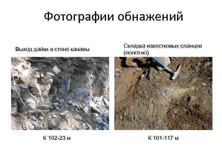 Фотографии обнажений Выход дайки в стене канавы К 102 -23 м Складка известковых сланцев
