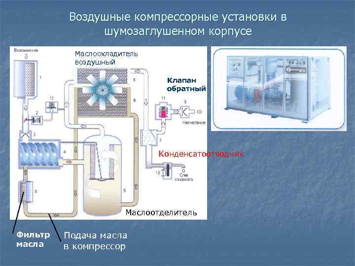 Воздушные компрессорные установки в шумозаглушенном корпусе Маслоохладитель воздушный Клапан обратный Конденсатоотводчик Маслоотделитель Фильтр масла