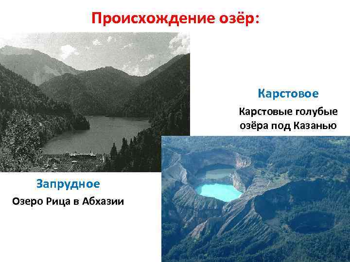 Происхождение озёр: Карстовое Карстовые голубые озёра под Казанью Запрудное Озеро Рица в Абхазии 