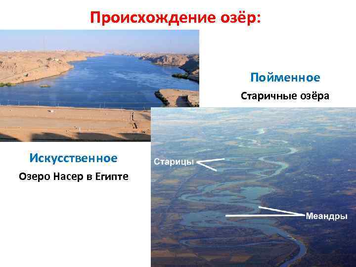 Происхождение озёр: Пойменное Старичные озёра Искусственное Озеро Насер в Египте 