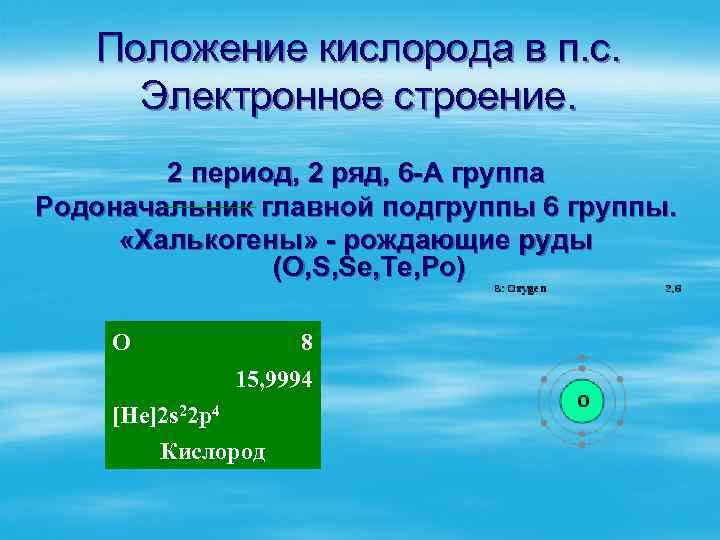 Положение кислорода в п. с. Электронное строение. 2 период, 2 ряд, 6 -А группа