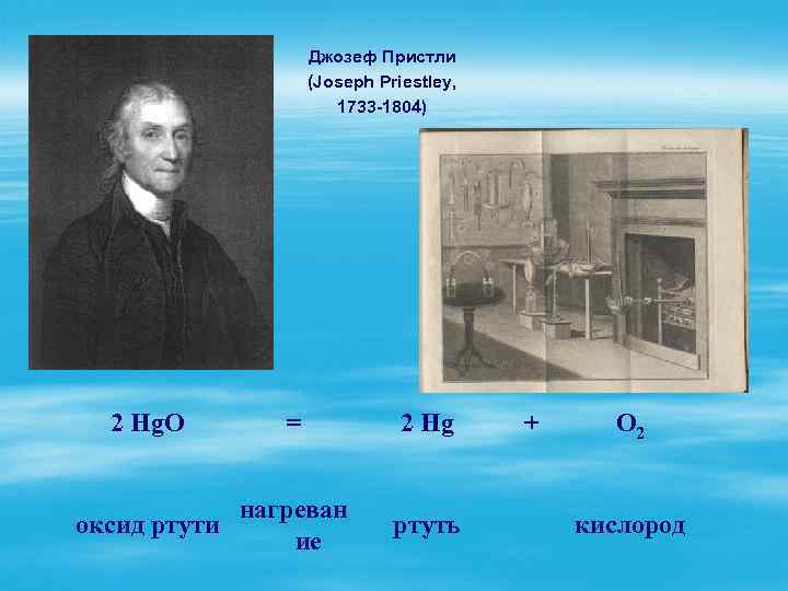 Джозеф Пристли (Joseph Priestley, 1733 -1804) 2 Hg. O = 2 Hg оксид ртути