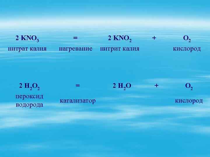 2 KNO 3 нитрат калия = нагревание 2 KNO 2 нитрит калия + O