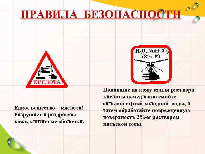 ПРАВИЛА БЕЗОПАСНОСТИ Едкое вещество—кислота! Разрушает и раздражает кожу, слизистые оболочки. Попавшие на кожу капли