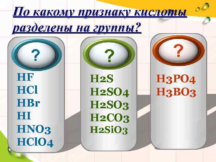 По какому признаку кислоты разделены на группы? ? HF HCl HBr HI HNO 3