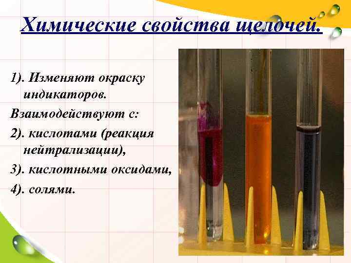 Химические свойства щелочей. 1). Изменяют окраску индикаторов. Взаимодействуют с: 2). кислотами (реакция нейтрализации), 3).