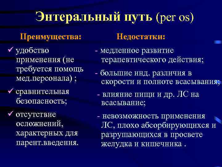 Энтеральный путь (per os) Преимущества: удобство применения (не требуется помощь мед. персонала) ; сравнительная