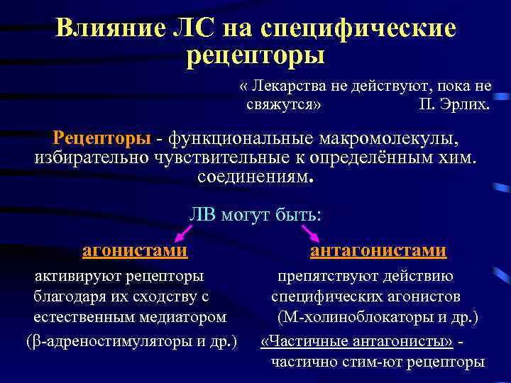 Влияние ЛС на специфические рецепторы « Лекарства не действуют, пока не свяжутся» П. Эрлих.