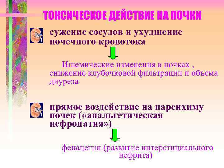 ТОКСИЧЕСКОЕ ДЕЙСТВИЕ НА ПОЧКИ сужение сосудов и ухудшение почечного кровотока Ишемические изменения в почках