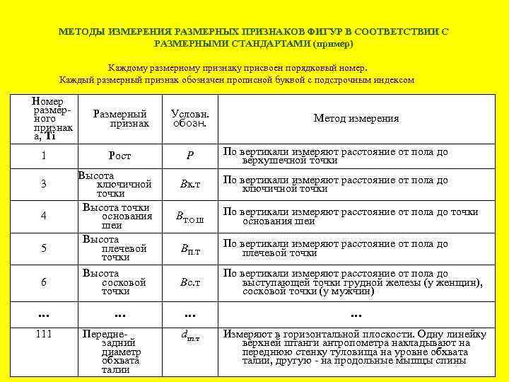 МЕТОДЫ ИЗМЕРЕНИЯ РАЗМЕРНЫХ ПРИЗНАКОВ ФИГУР В СООТВЕТСТВИИ С РАЗМЕРНЫМИ СТАНДАРТАМИ (пример) Каждому размерному признаку