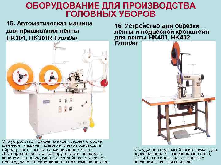 ОБОРУДОВАНИЕ ДЛЯ ПРОИЗВОДСТВА ГОЛОВНЫХ УБОРОВ 15. Автоматическая машина для пришивания ленты HK 301, HK