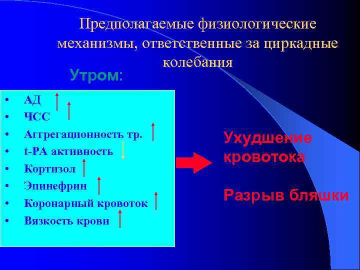 Предполагаемые физиологические механизмы, ответственные за циркадные колебания Утром: • • АД ЧСС Аггрегационность тр.