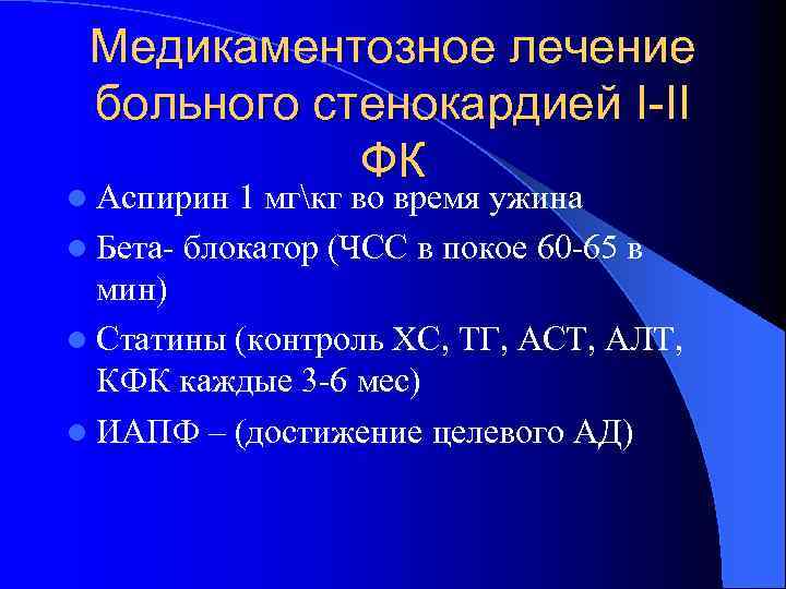 Медикаментозное лечение больного стенокардией I-II ФК l Аспирин 1 мгкг во время ужина l