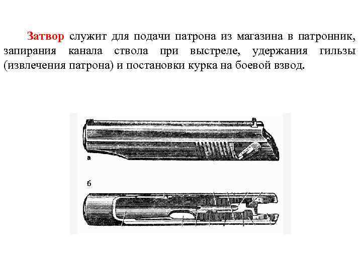 Затвор служит для подачи патрона из магазина в патронник, запирания канала ствола при выстреле,