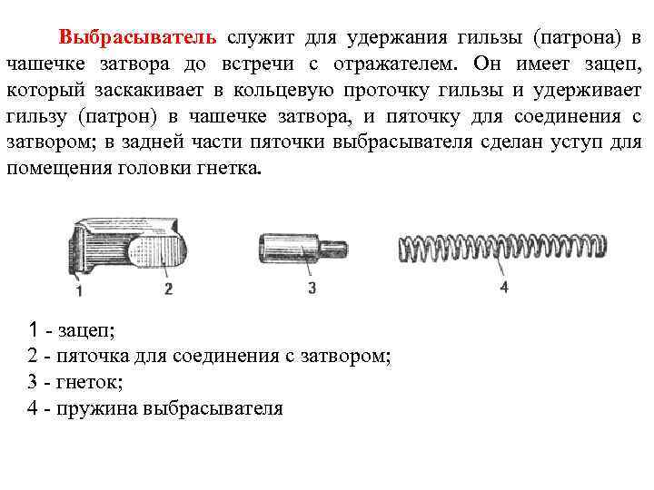 Выбрасыватель служит для удержания гильзы (патрона) в чашечке затвора до встречи с отражателем. Он