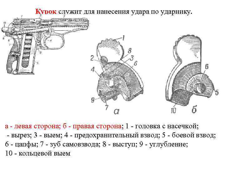 Курок служит для нанесения удара по ударнику. а - левая сторона; б - правая