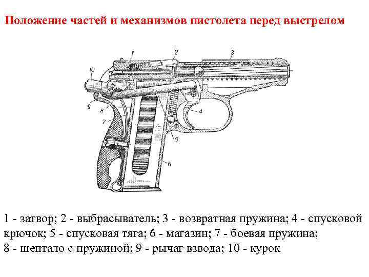 Положение частей и механизмов пистолета перед выстрелом 1 - затвор; 2 - выбрасыватель; 3