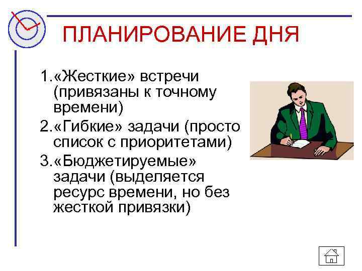 ПЛАНИРОВАНИЕ ДНЯ 1. «Жесткие» встречи (привязаны к точному времени) 2. «Гибкие» задачи (просто список