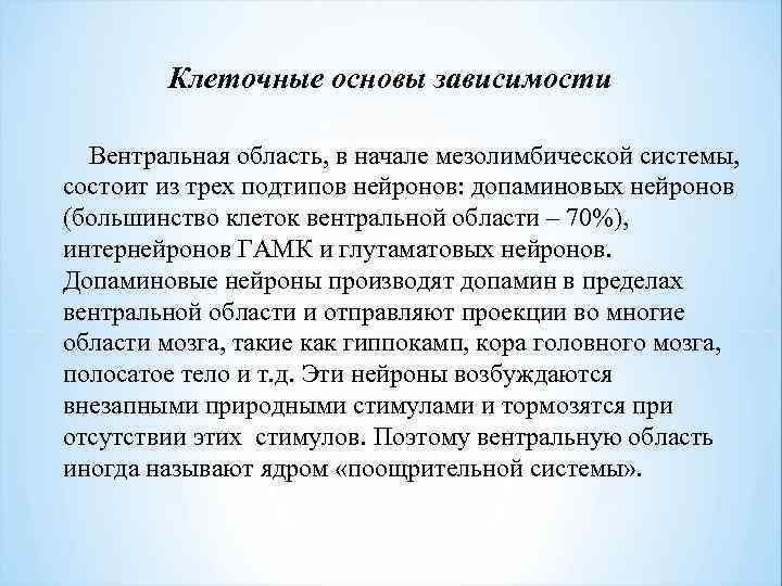 Клеточные основы зависимости Вентральная область, в начале мезолимбической системы, состоит из трех подтипов нейронов: