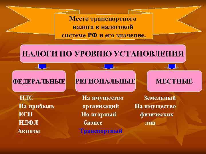 Место транспортного налога в налоговой системе РФ и его значение. НАЛОГИ ПО УРОВНЮ УСТАНОВЛЕНИЯ