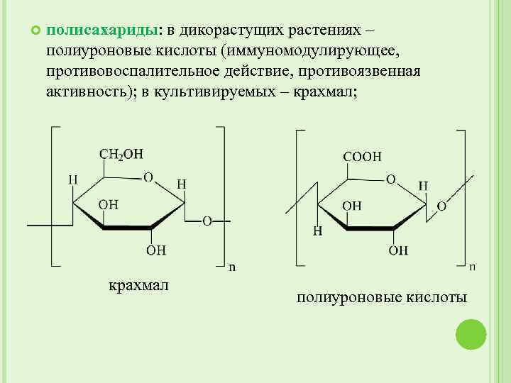  полисахариды: в дикорастущих растениях – полиуроновые кислоты (иммуномодулирующее, противовоспалительное действие, противоязвенная активность); в