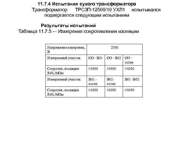 11. 7. 4 Испытания сухого трансформатора Трансформатор ТРСЗП 12500/10 УХЛ 1 испытывался подвергается следующим