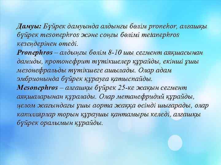 Дамуы: Бүйрек дамуында алдынғы бөлім pronehor, алғашқы бүйрек mesonephros және соңғы бөлімі metanephros кезеңдерінен