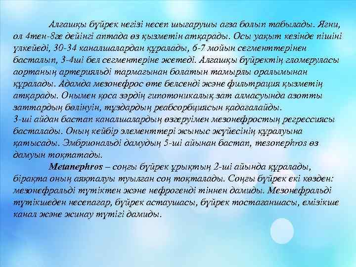 Алғашқы бүйрек негізі несеп шығарушы ағза болып табылады. Яғни, ол 4 тен-8 ге дейінгі