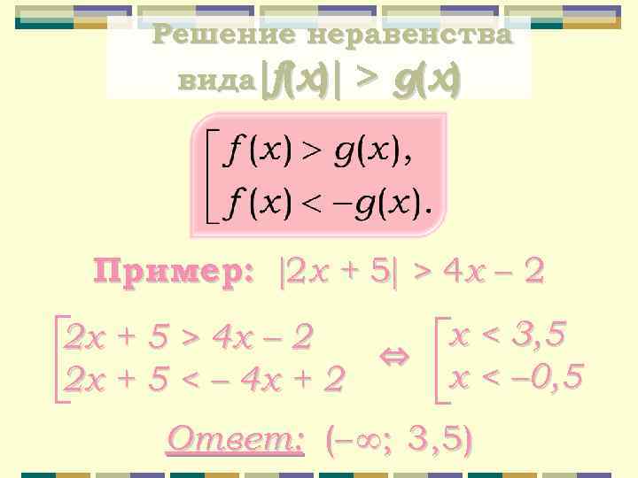 Решение неравенства вида f(x) > g(x) Пример: 2 x + 5 > 4 x