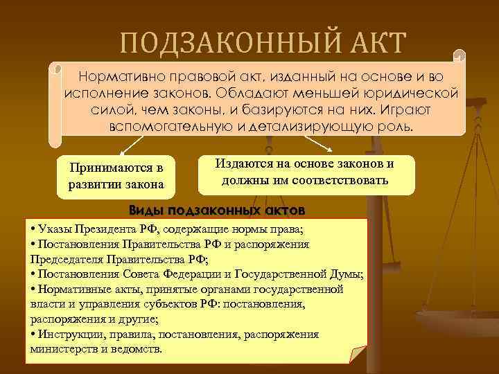 ПОДЗАКОННЫЙ АКТ Нормативно правовой акт, изданный на основе и во исполнение законов. Обладают меньшей