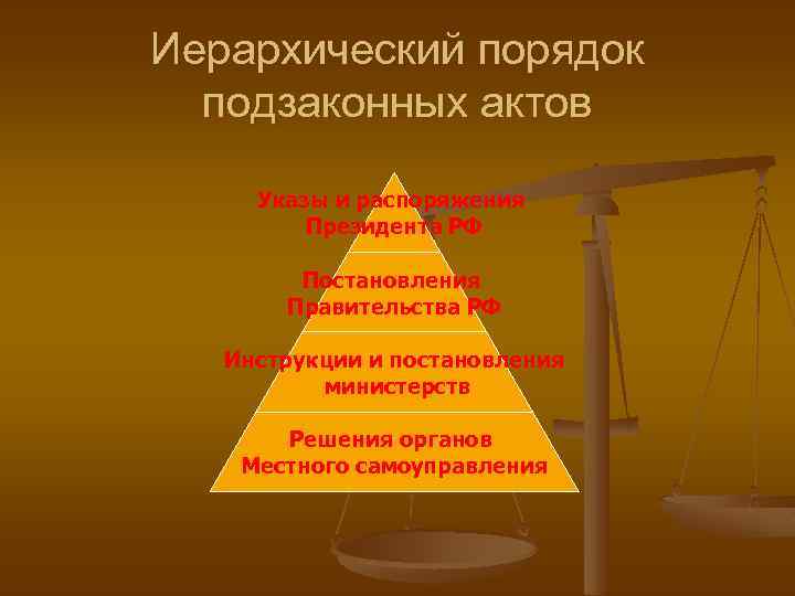 Иерархический порядок подзаконных актов Указы и распоряжения Президента РФ Постановления Правительства РФ Инструкции и