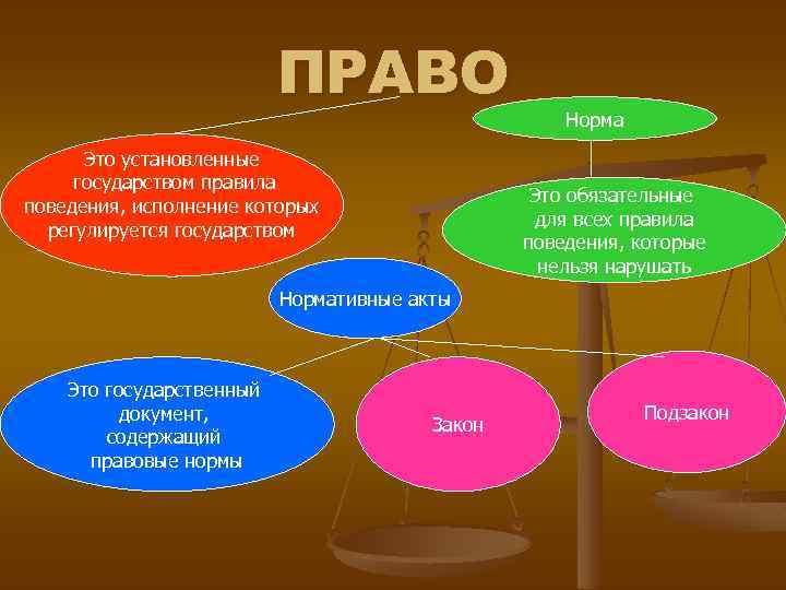 ПРАВО Это установленные государством правила поведения, исполнение которых регулируется государством Норма Это обязательные для
