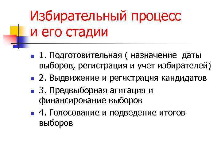 Избирательный процесс и его стадии n n 1. Подготовительная ( назначение даты выборов, регистрация
